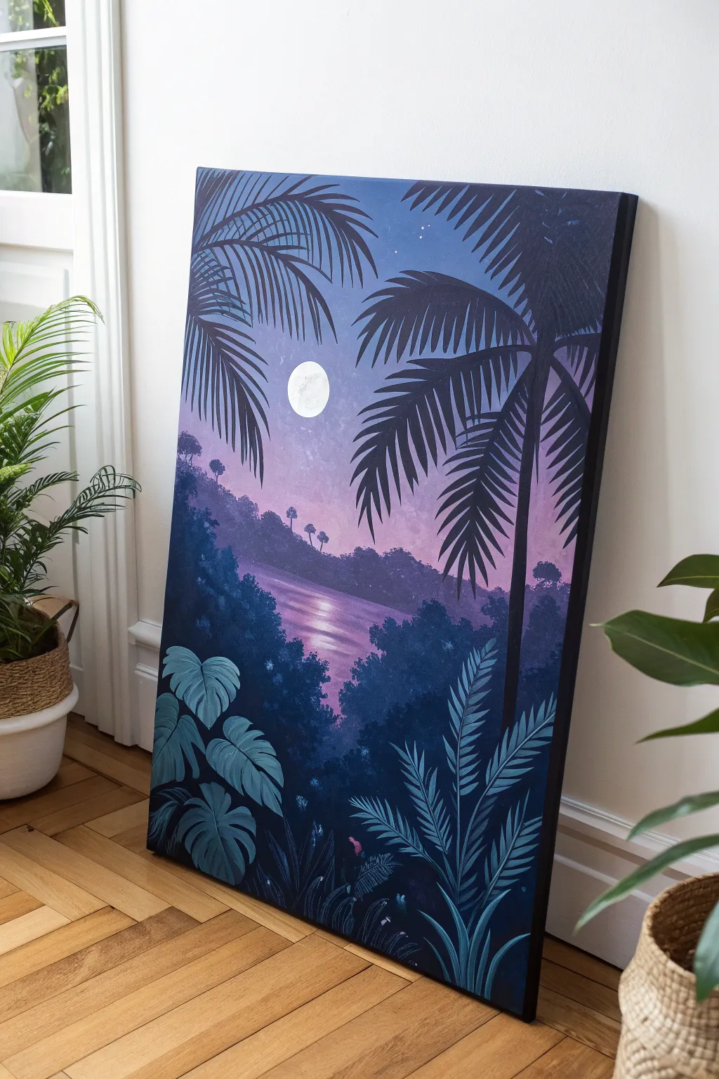 Paint a twilight jungle: indigo shadows, violet leaves, and a soft moonlit glow at dusk.