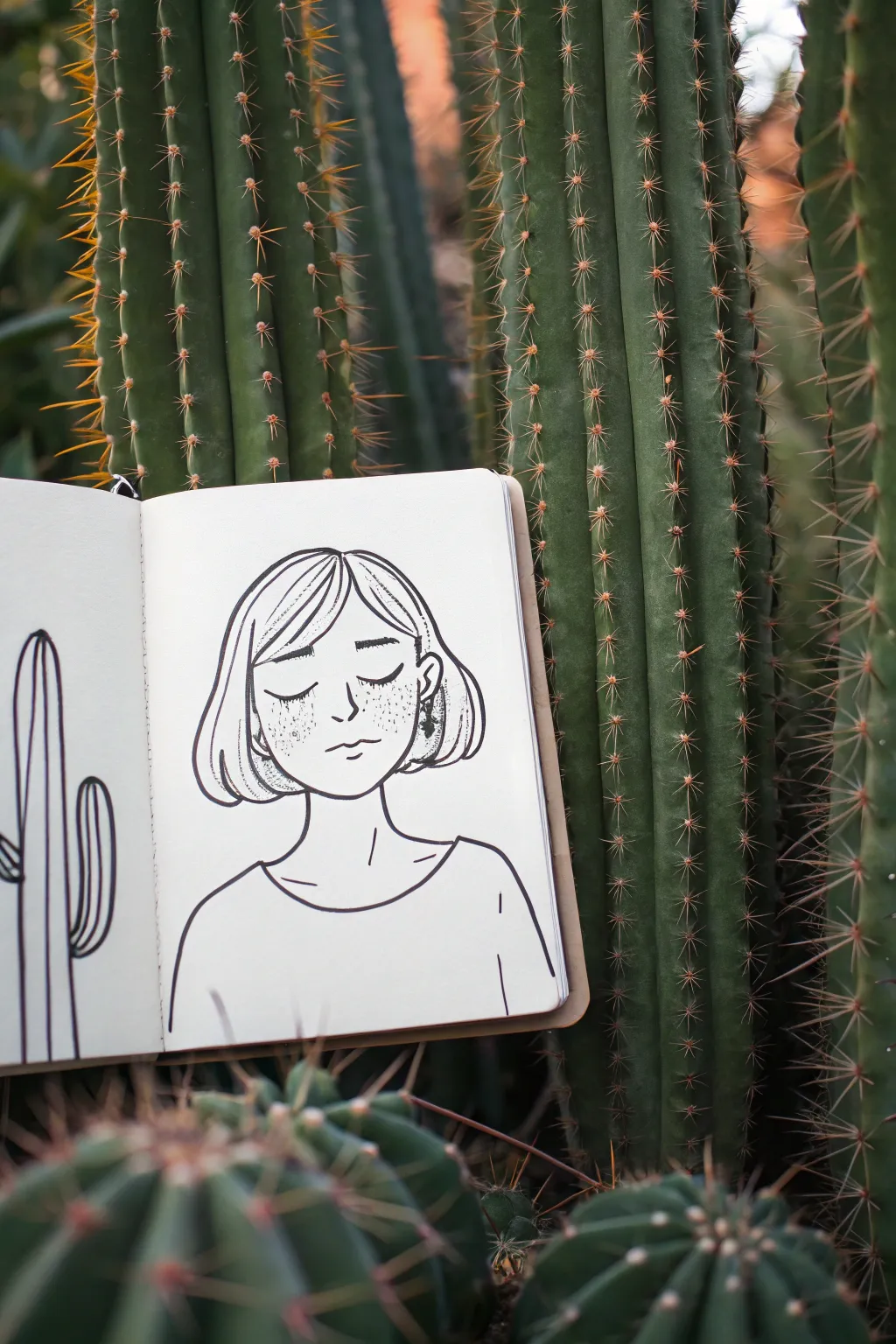 Soft portrait with cactus hair, an easy playful juxtaposition idea in bold minimalist boho style