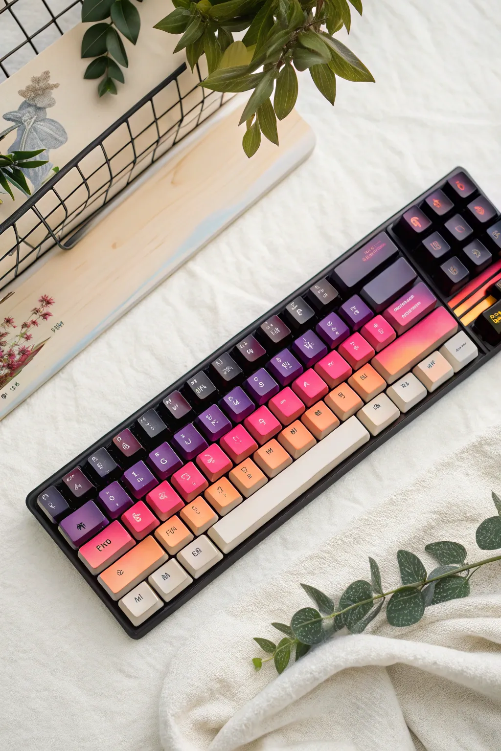 Retro vibe meets modern craft! 🌆 Transform your desk with this bold neon vaporwave keyboard art.