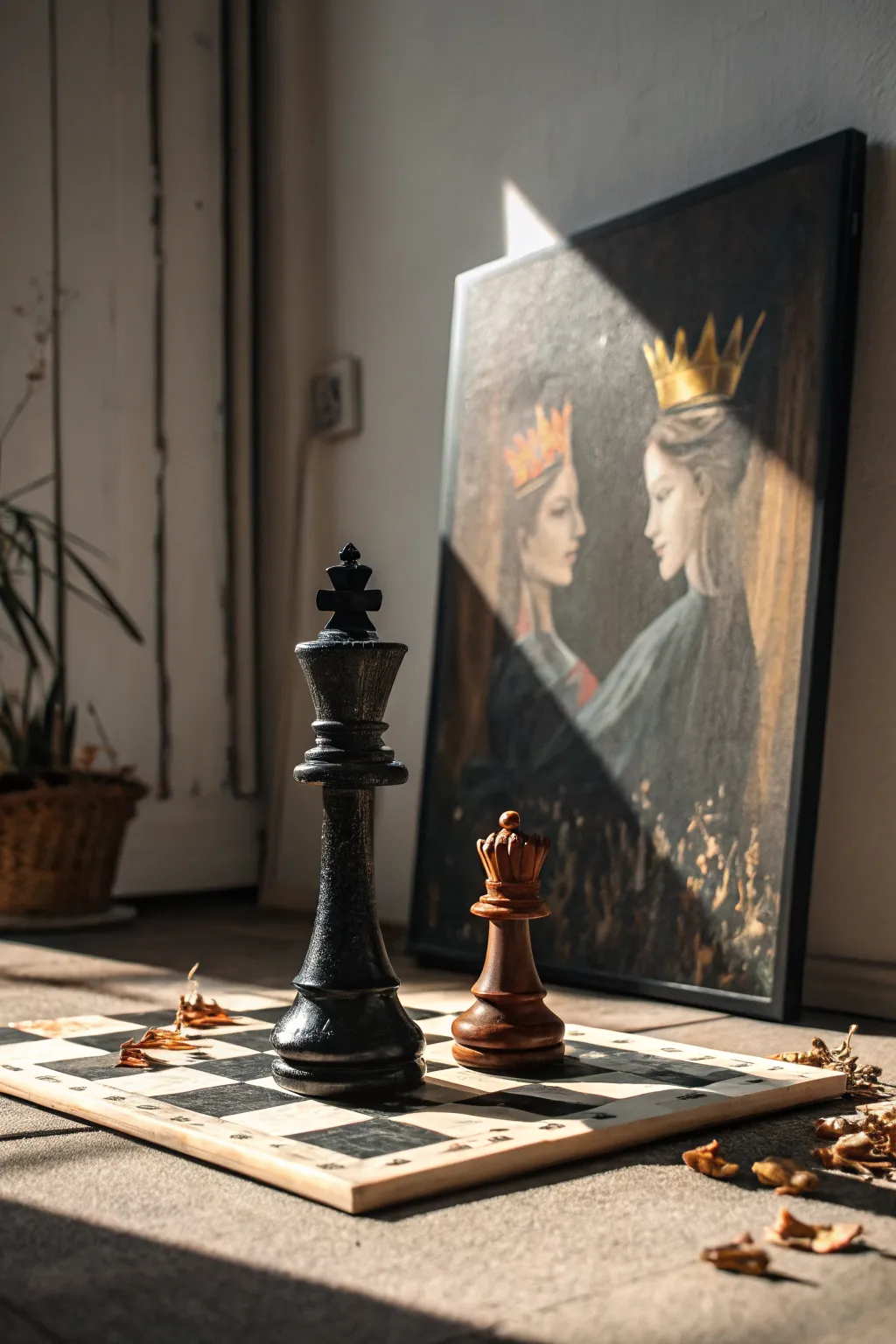 Regal king and queen chess still life canvas idea with moody light and subtle gold accents