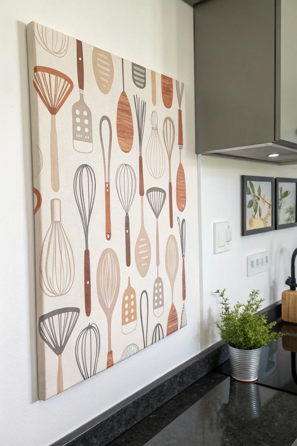 Soft neutral utensil pattern canvas in a clean Scandinavian kitchen with a warm boho accent