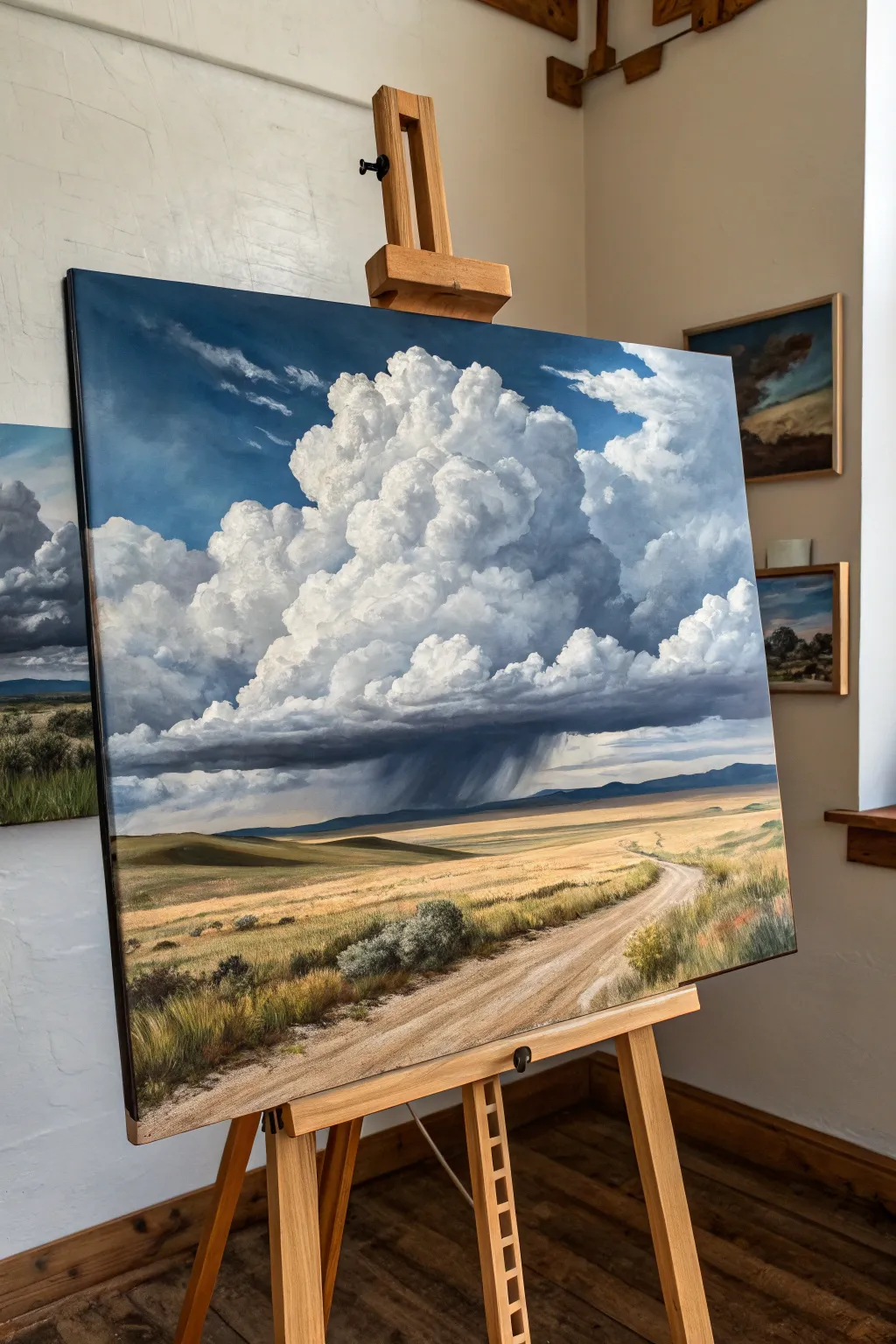 Dramatic cloud study over open land, bold light and shadow for striking landscape oil ideas