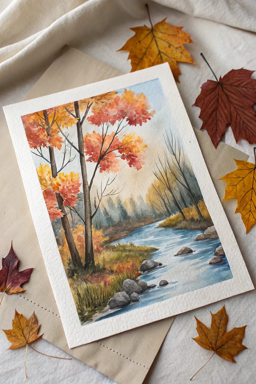 Autumn trees by a stream: a bold yet minimal watercolor palette for cozy landscape practice