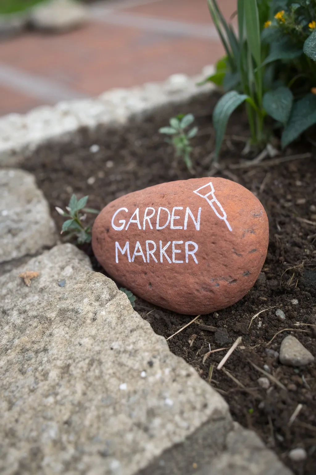 Minimalist hand-painted boulder garden marker with bold color, clean border, and crisp lettering