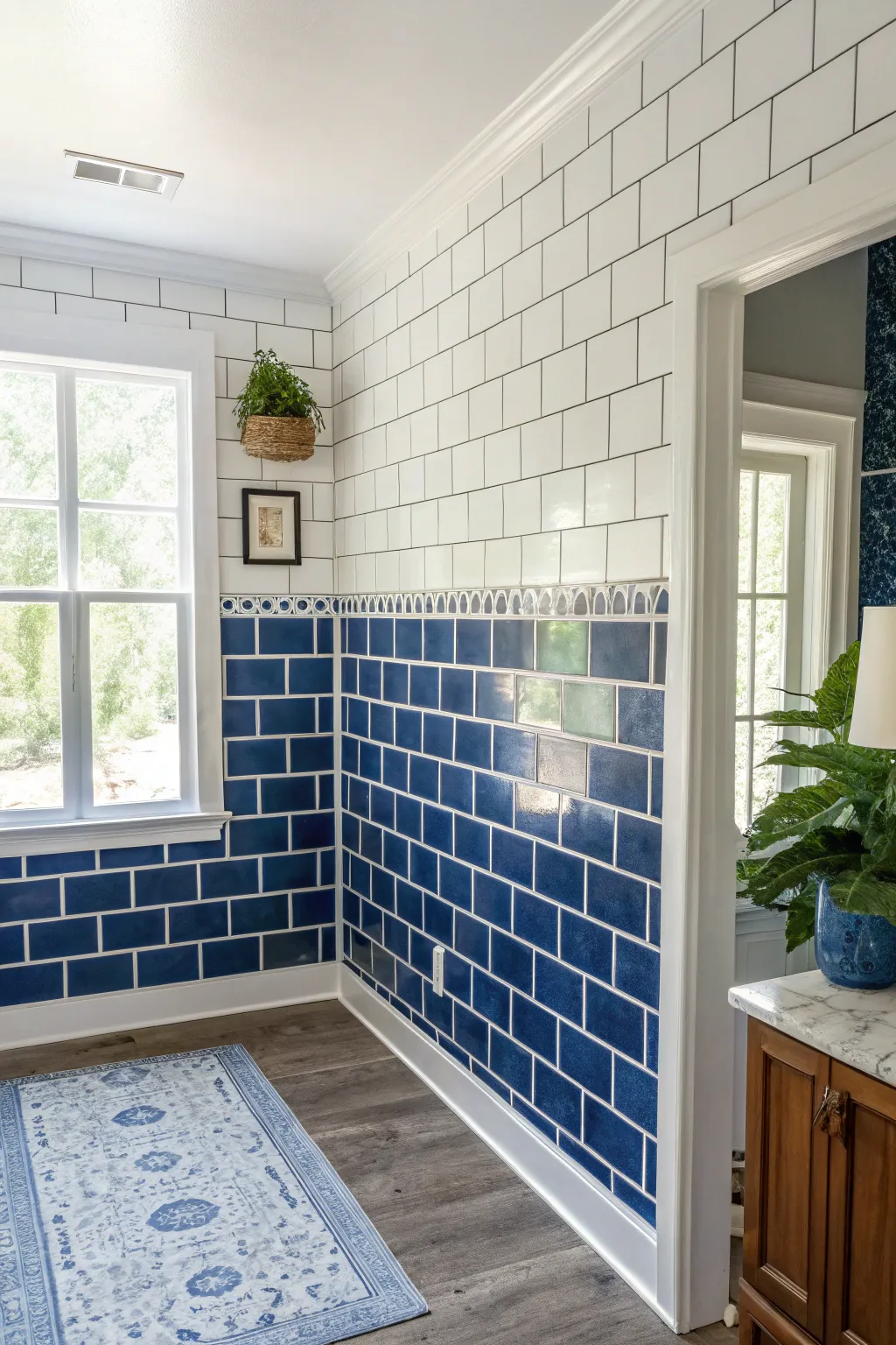 Painted tile illusion wall: crisp white grout, bold blue tiles, minimal and striking