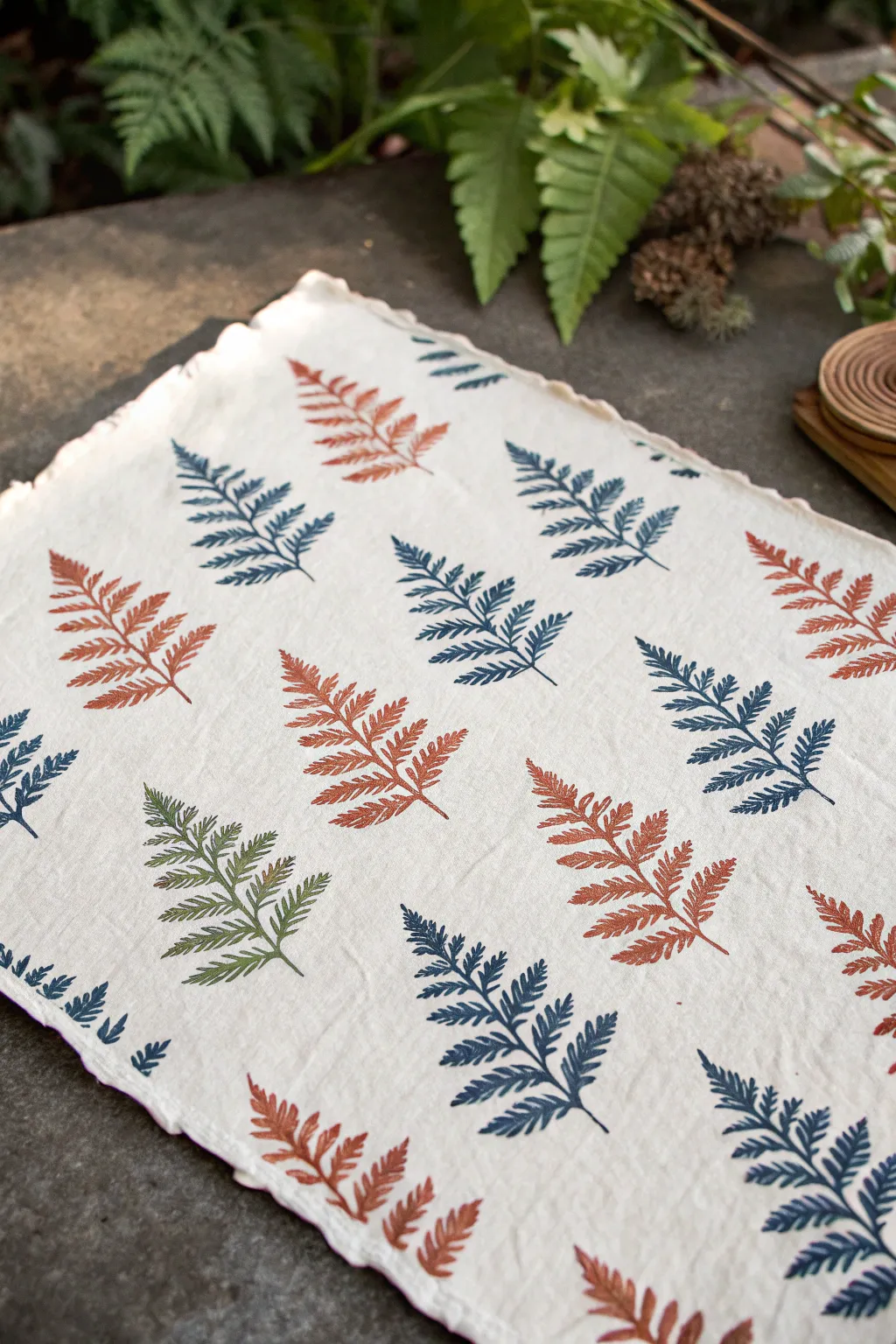 Repeat-pattern leaf print grid in bold indigo and terracotta, minimalist handmade wallpaper vibe