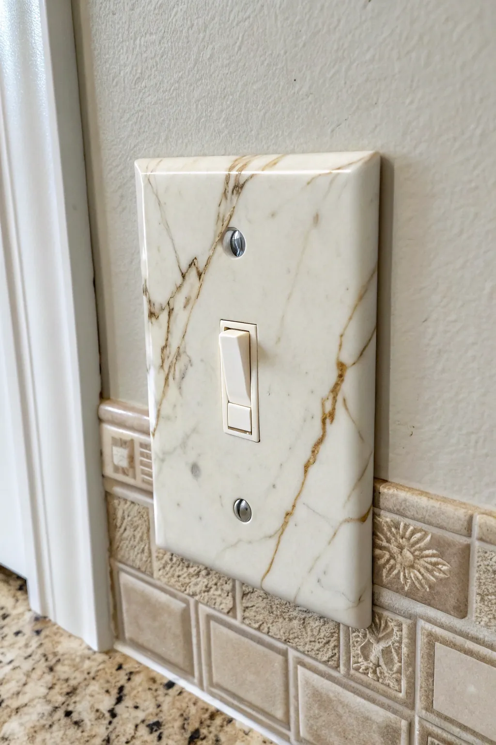 Faux marble veining turns a simple light switch plate into a luxe, minimalist accent.