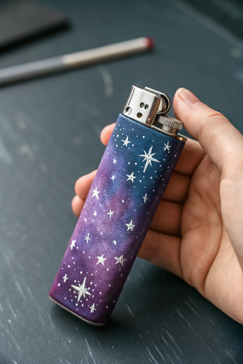 Galaxy splatter-star lighter in deep blues and purples, a dreamy DIY night sky for your pocket.