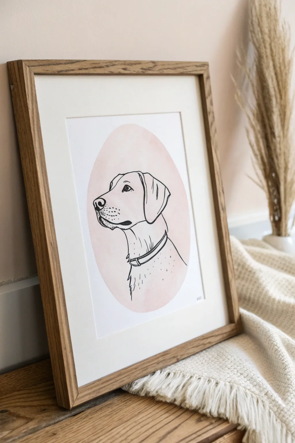 Minimal one-line pet portrait on blush oval ground, Scandinavian calm with boho warmth