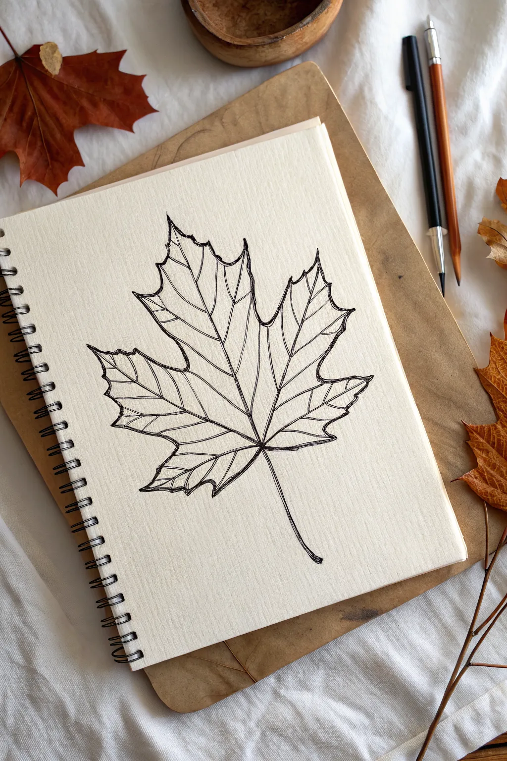 Leaf contour lines with shifting line weight, creating depth in a clean Scandinavian-boho look