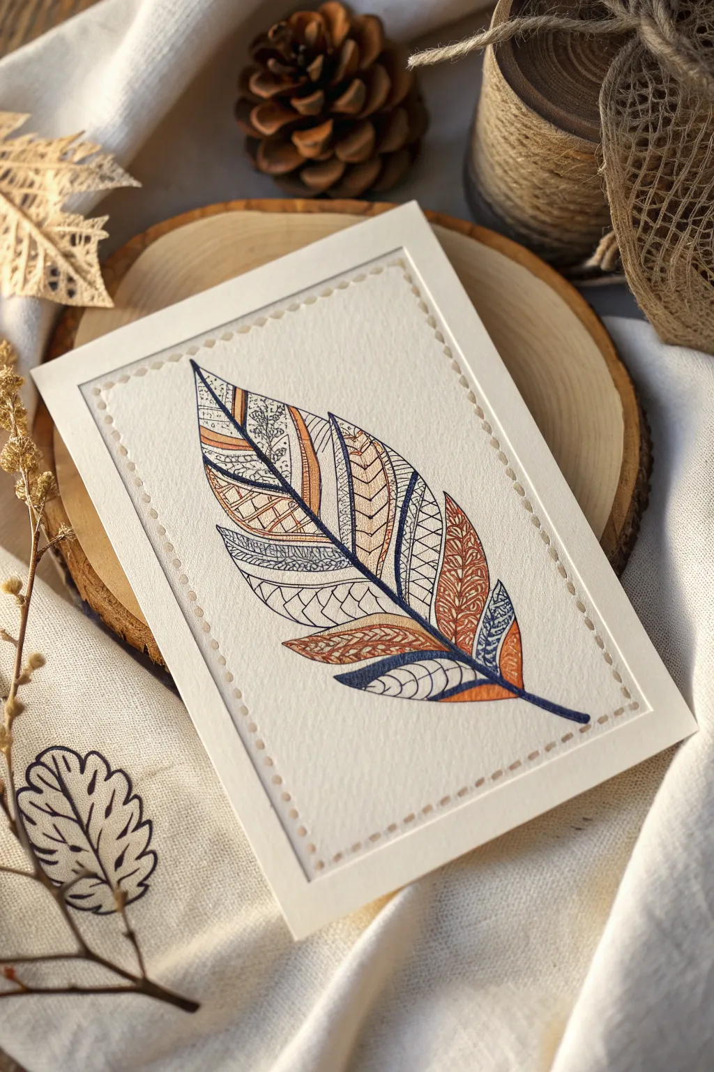 Zentangle-style leaf filled with neat line textures for calming, minimalist line painting inspo