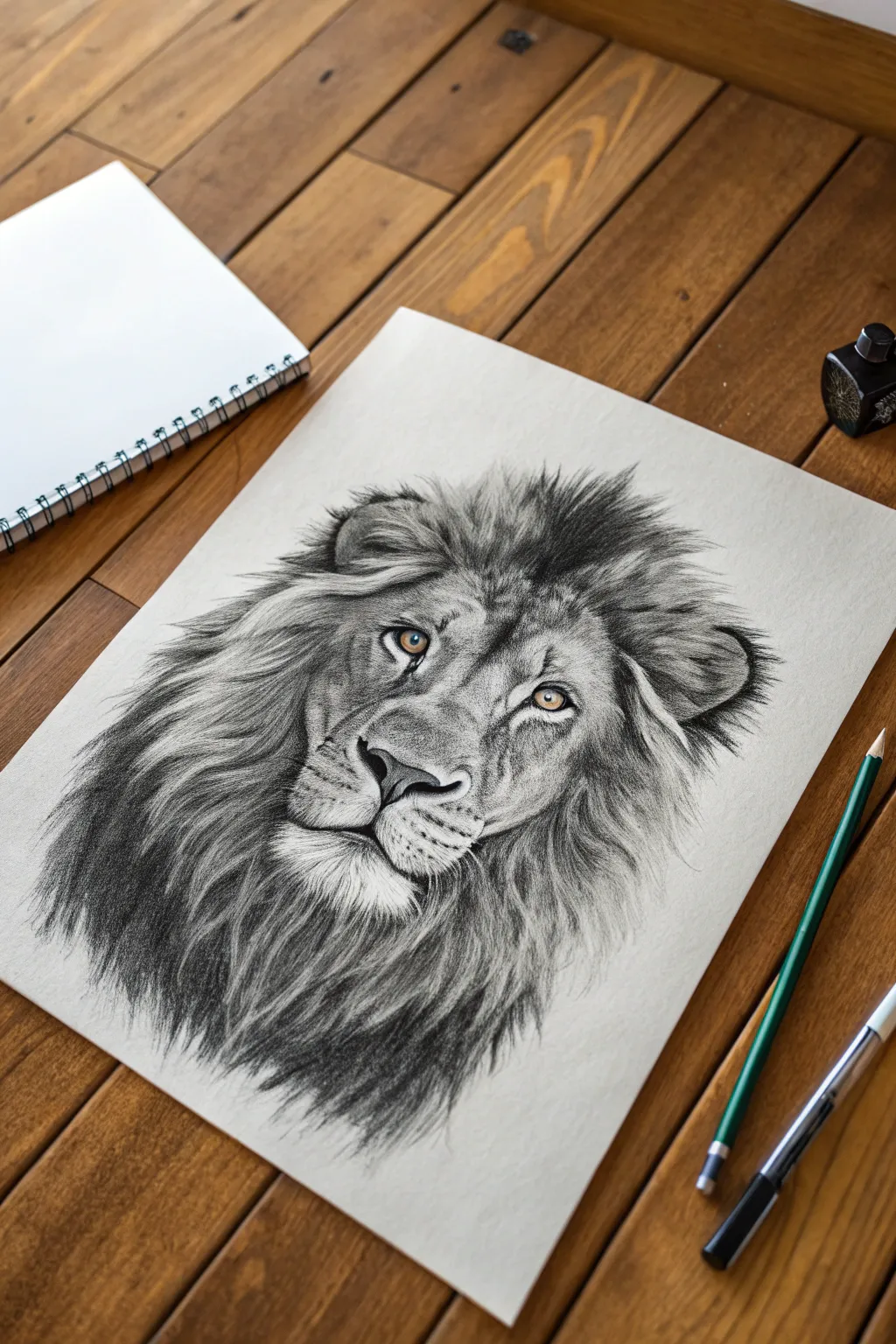 Eraser-pulled highlights make the lion mane and whiskers glow against rich graphite shadows.