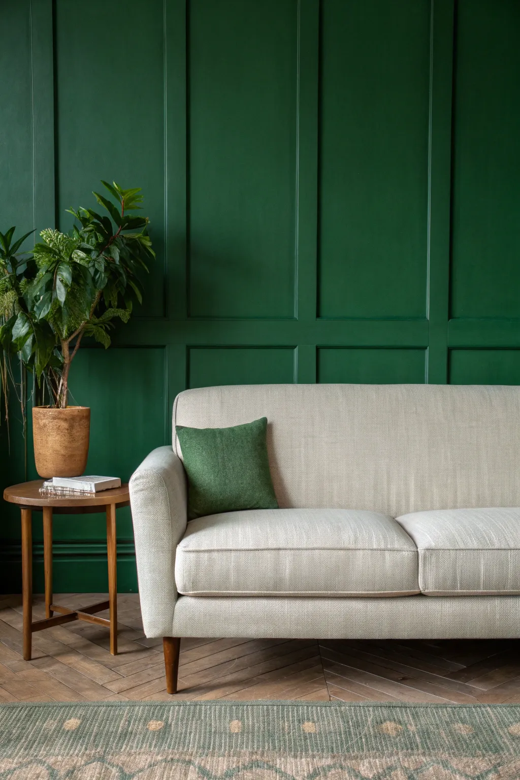 Forest green walls make a light linen sofa feel grounded, cozy, and effortlessly modern.