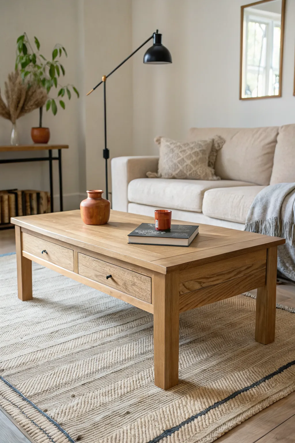 Warm oak coffee table with matte black lamp: Scandinavian minimalism with a cozy boho edge.
