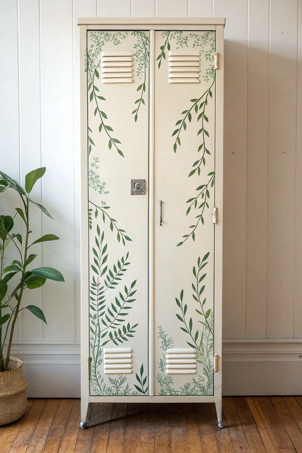 Elegant hand-painted botanical vines turn a simple locker into a calm, modern statement