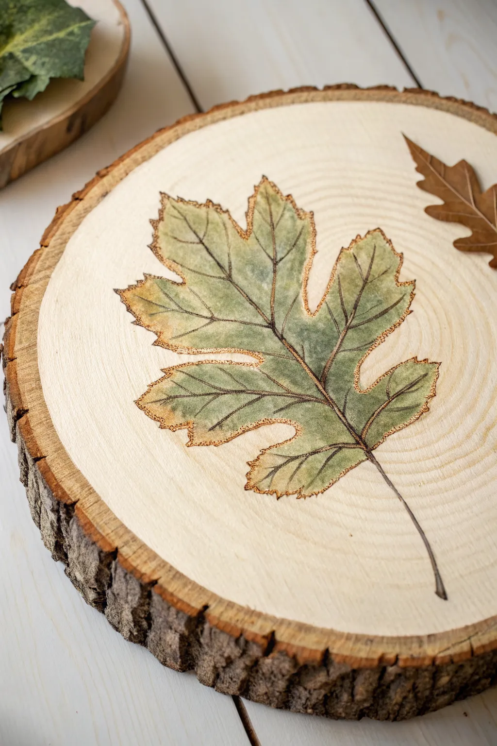 Simple earthy green leaf study on a log round, minimalist Scandinavian boho craft vibe