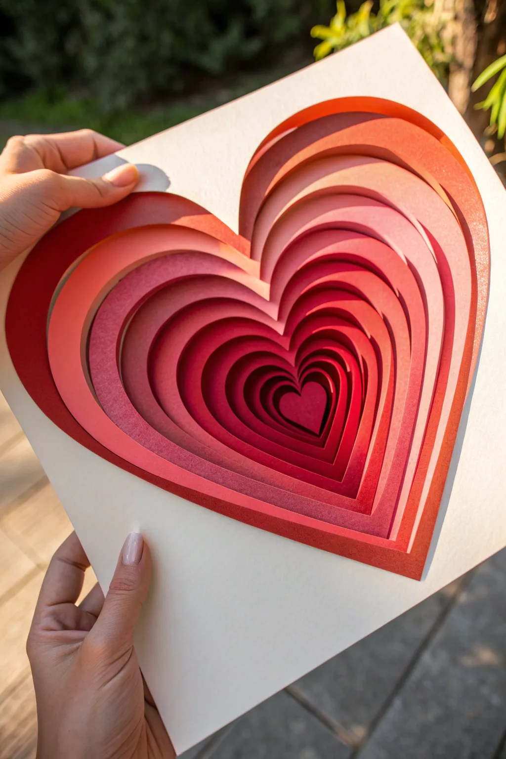 Dimensional layered paper hearts in bold hues, crisp shadows, and cozy minimalist boho style