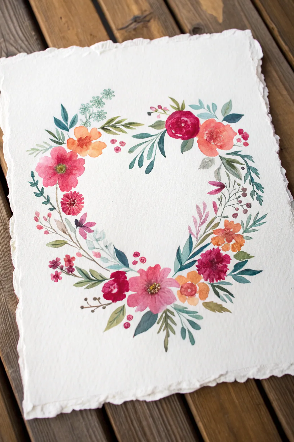 Loose floral wreath watercolor with a hidden heart negative space, bold color on clean white paper