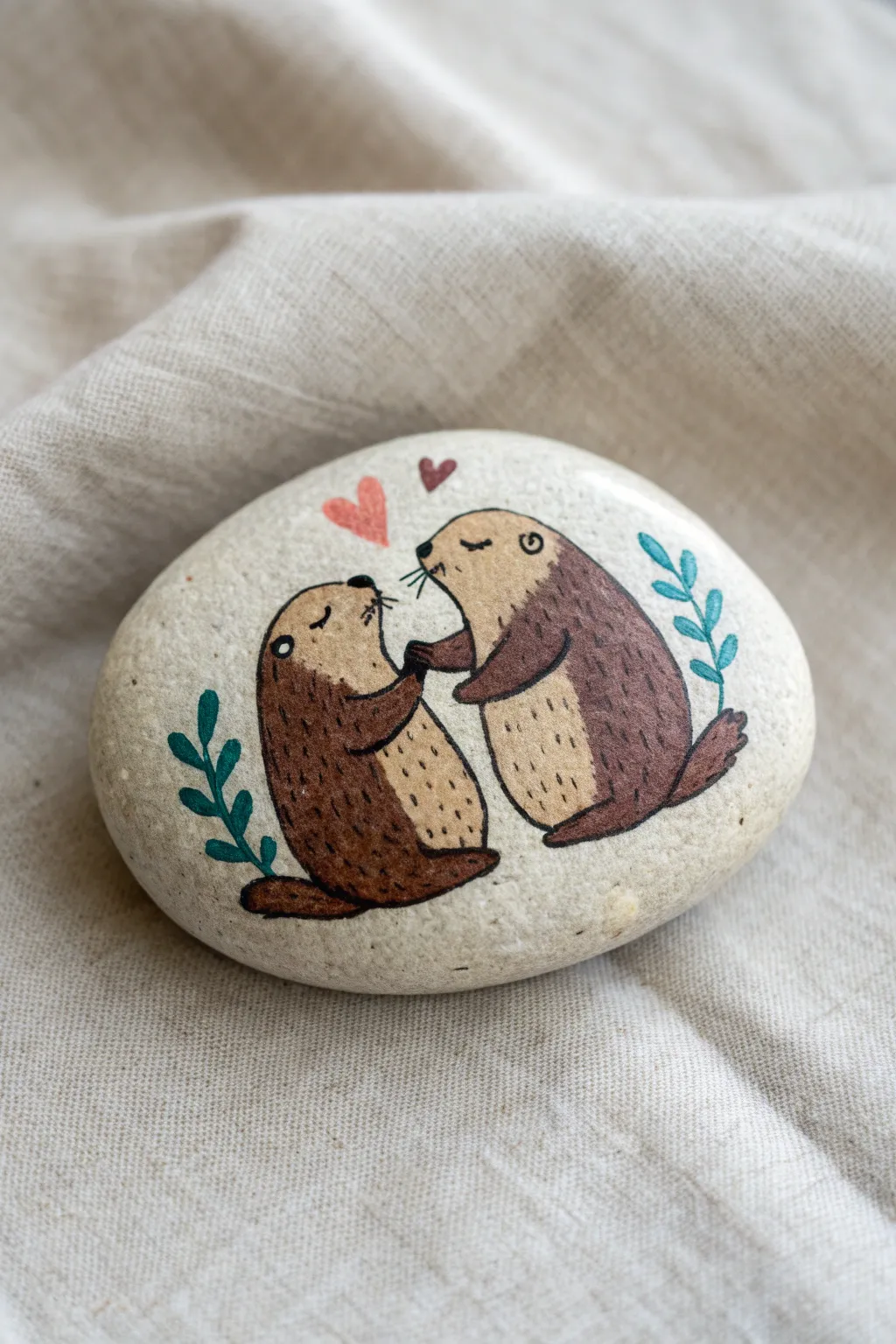 Sweet hand-holding otter couple rock painting with a tiny heart, minimal and bold.