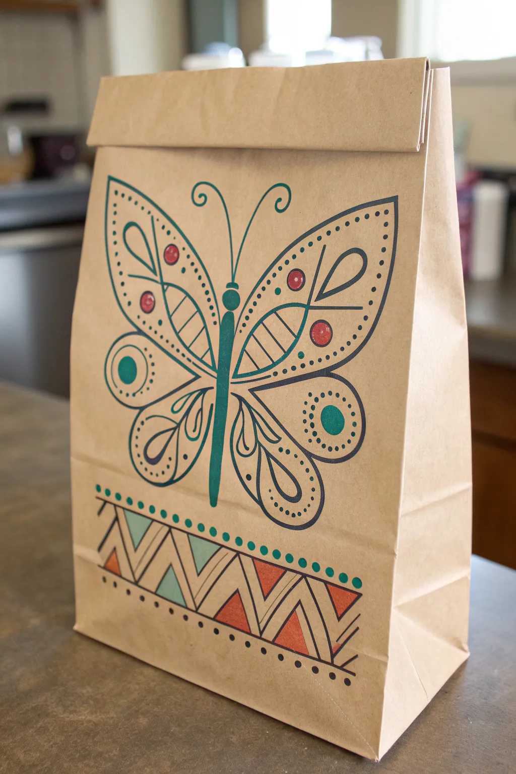 Easy symmetrical butterfly doodle on a kraft lunch bag, bright boho accents with clean minimal style