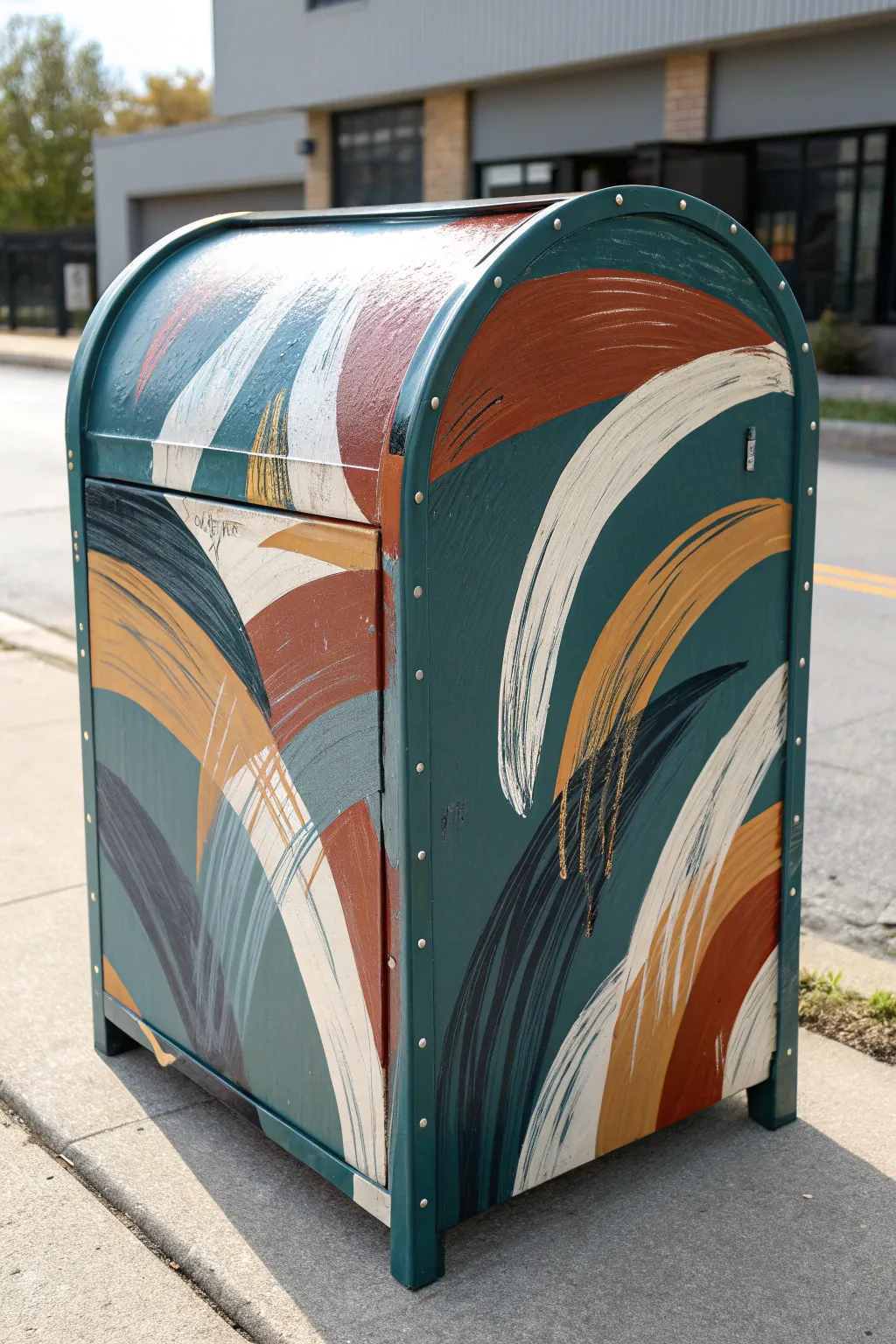 Bold abstract brushstrokes in 4 hues transform a simple mailbox into minimalist statement art