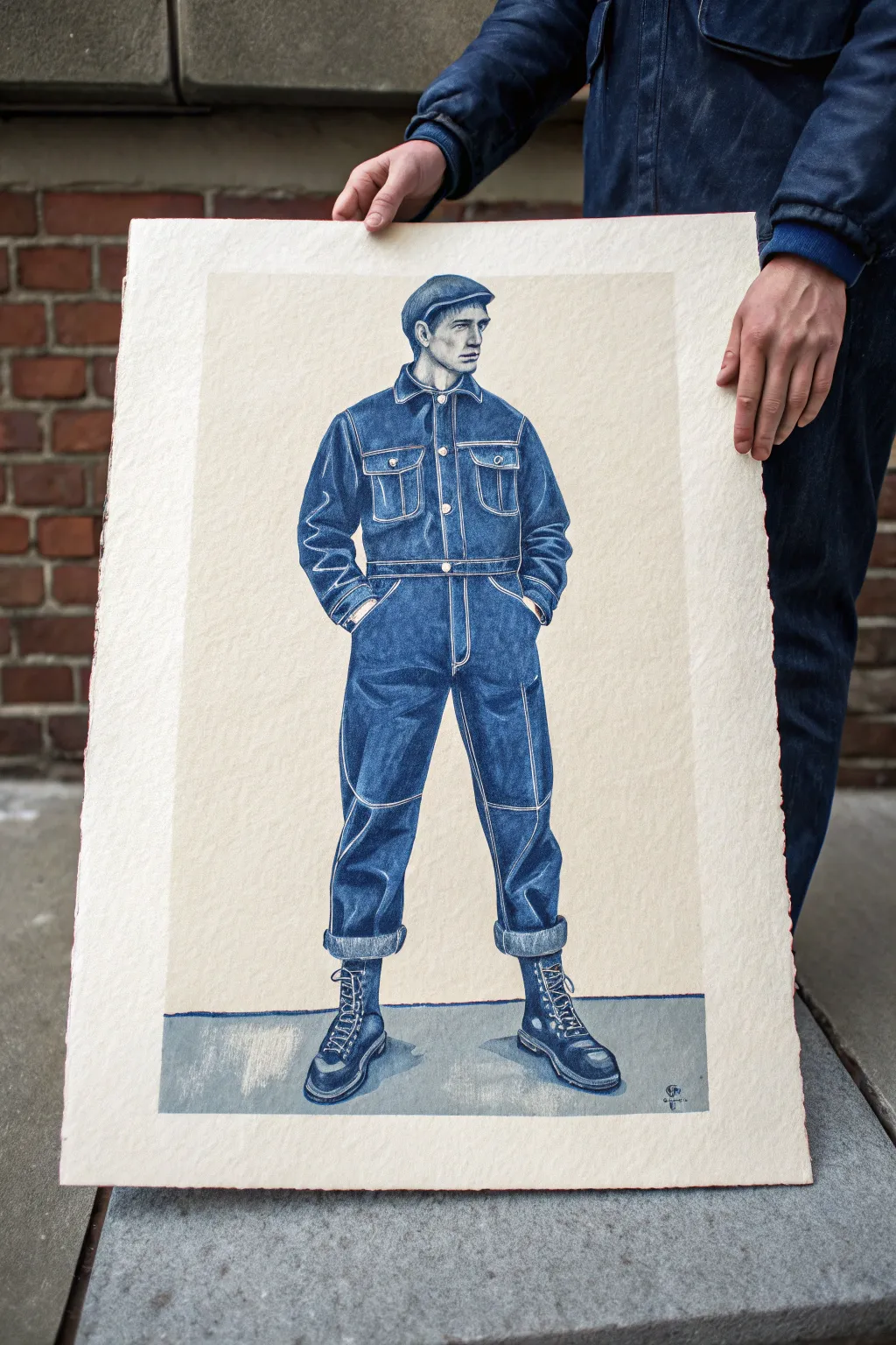 Workwear outfit drawing: boxy jacket and utility pants with crisp seams and structured folds