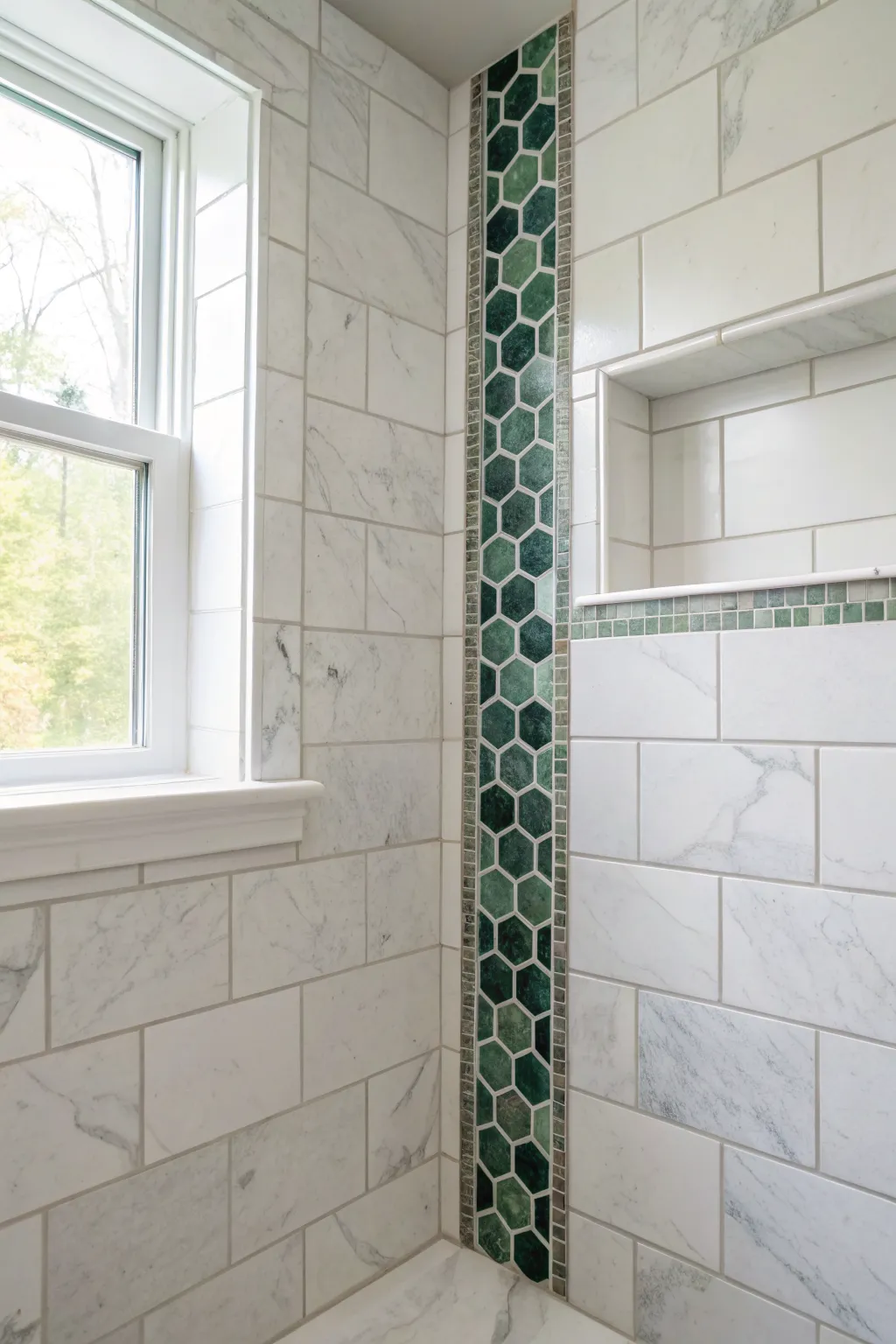 Vertical marble mosaic accent strip brings bold color and craftsmanship to a minimalist shower wall.