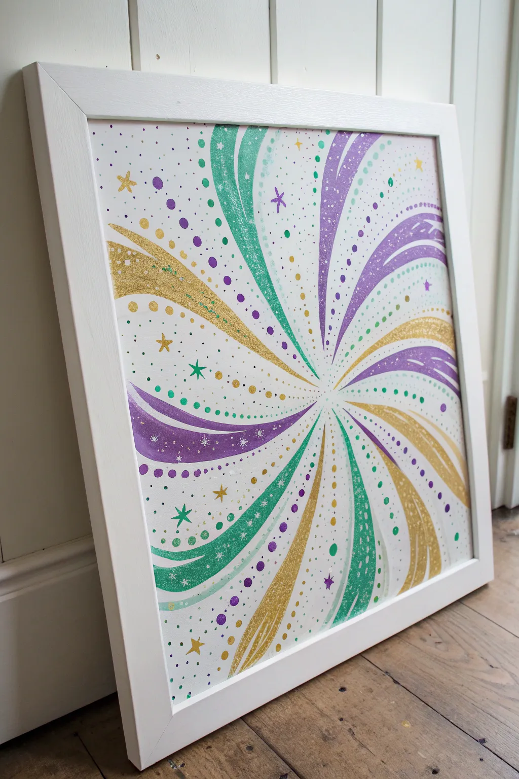 Confetti burst abstract in purple, green, and gold for a bold yet minimalist Mardi Gras vibe