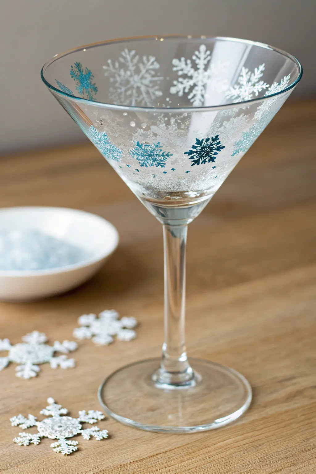 Frosted snowflakes in pale blue and white for a clean, cozy winter martini glass look