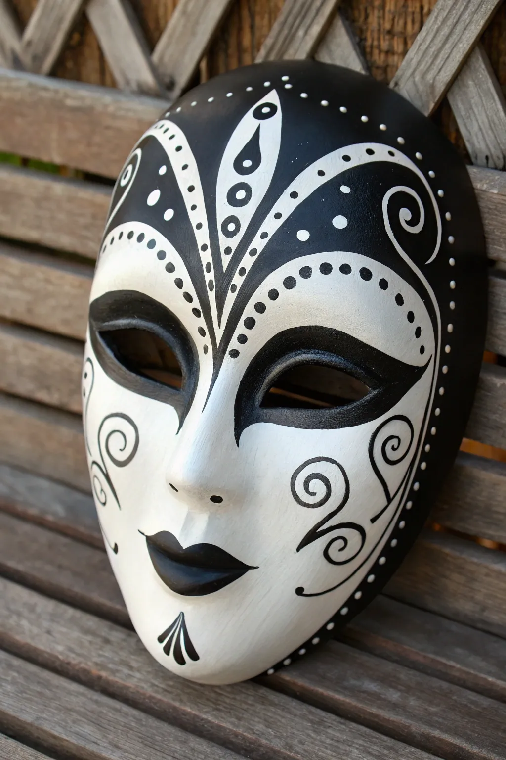 Matte black and white mask with glossy accents for a sleek, modern DIY statement.