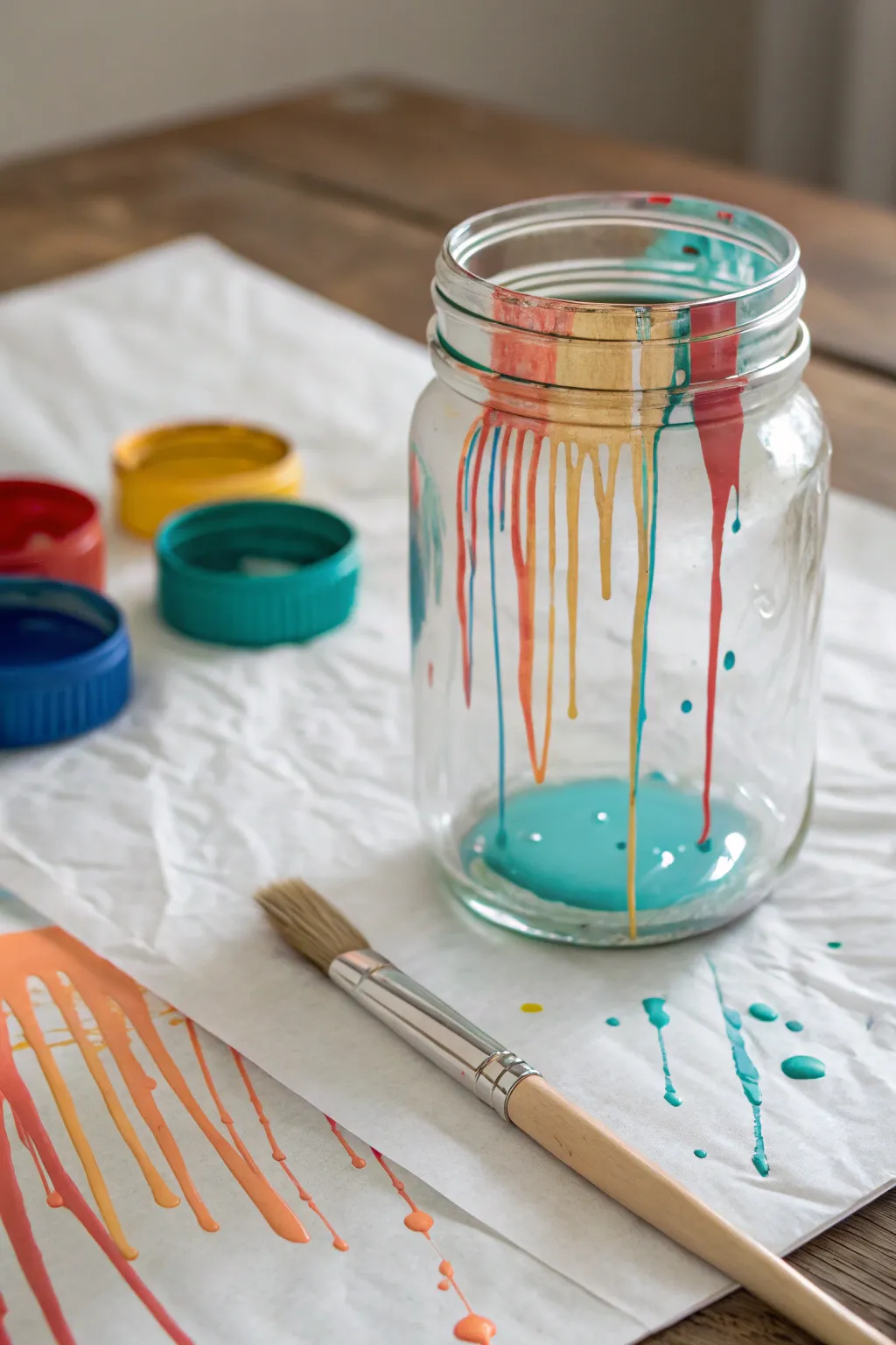 Colorful paint-drip mason jar centerpiece for a messy-fun DIY moment, minimal and bold.