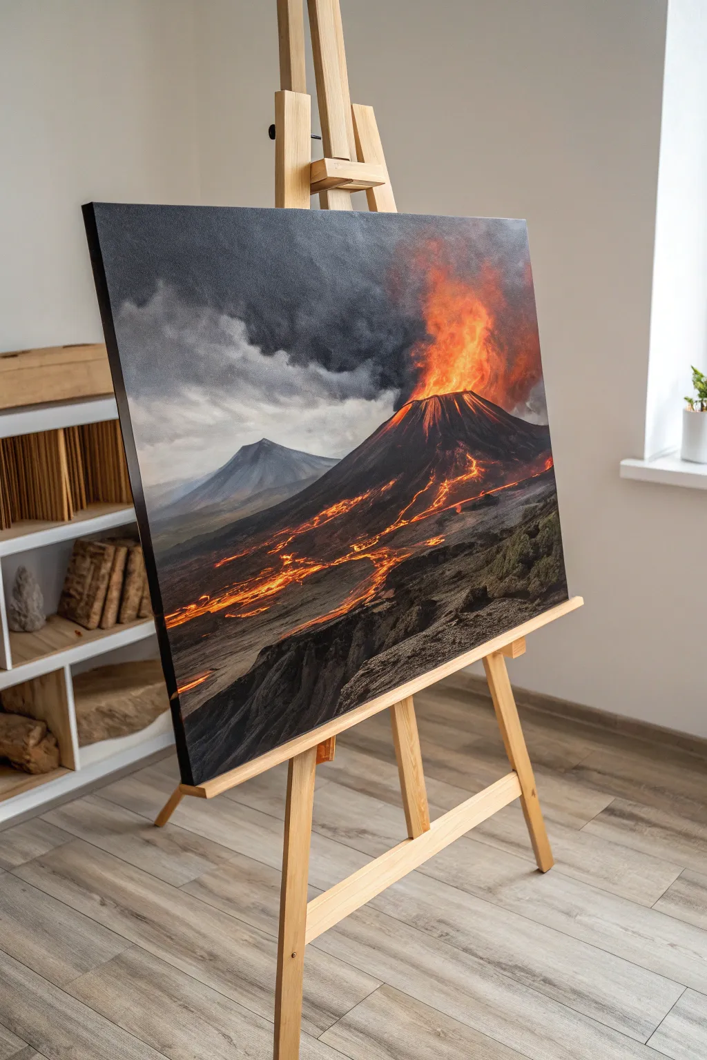 Volcanic caldera matte painting idea with ashy haze, cinematic shadows, and glowing lava.