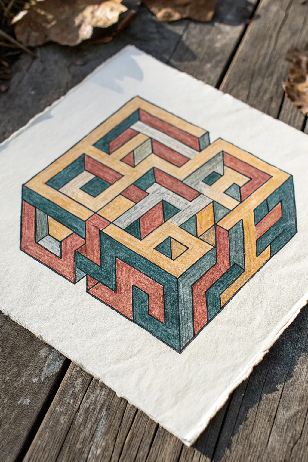A striking isometric 3D block maze with bold shadows and calm Scandinavian boho tones.