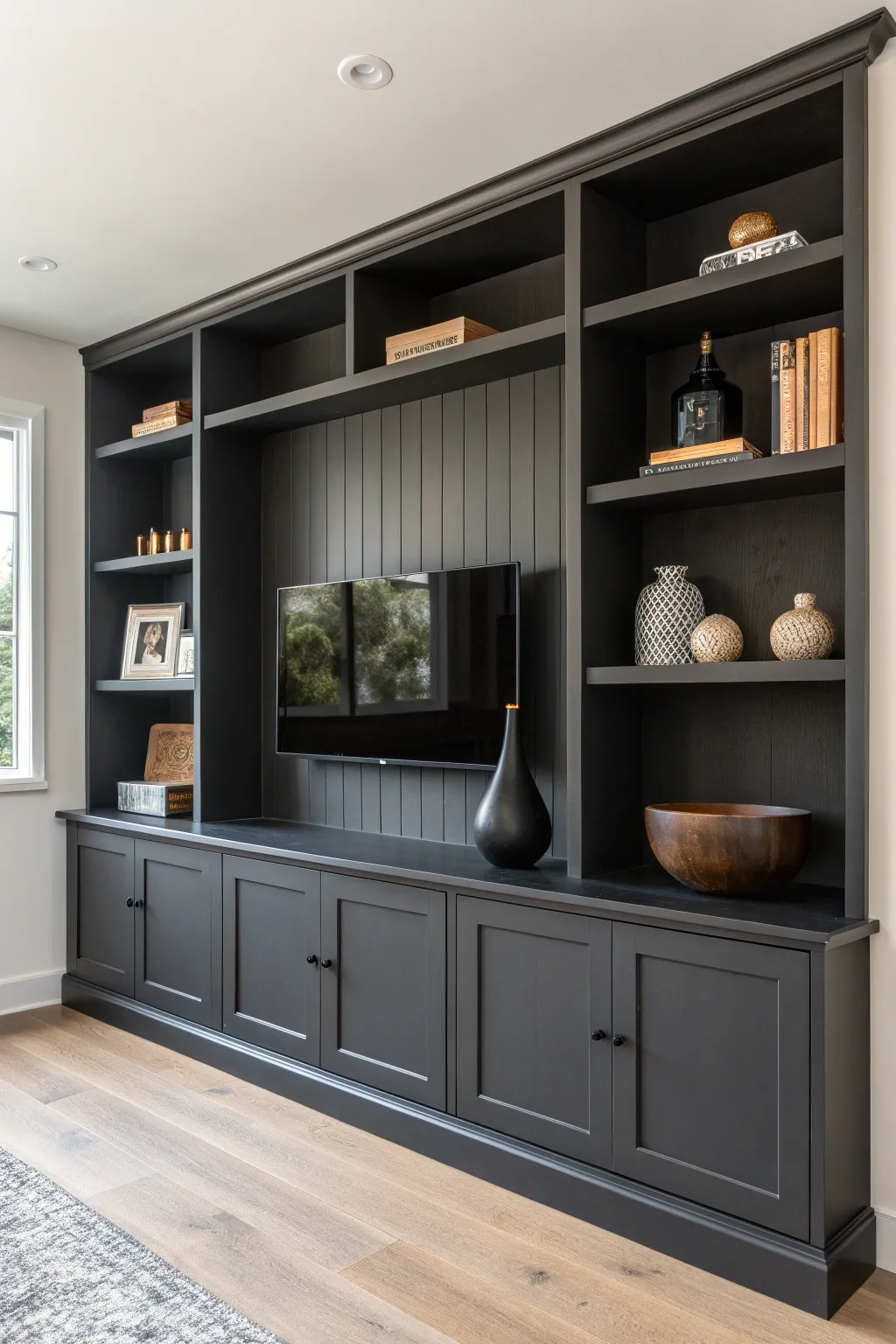 Dark-on-dark built-in shelving that disappears into the wall for a calm, minimalist media room