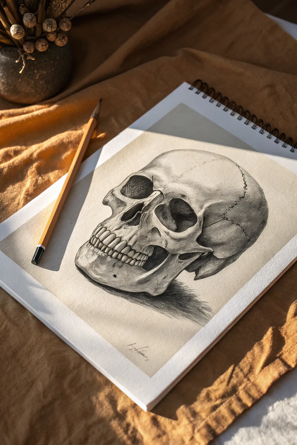 Graphite skull study with dramatic side lighting, deep shadows, and crisp minimalist contrast.