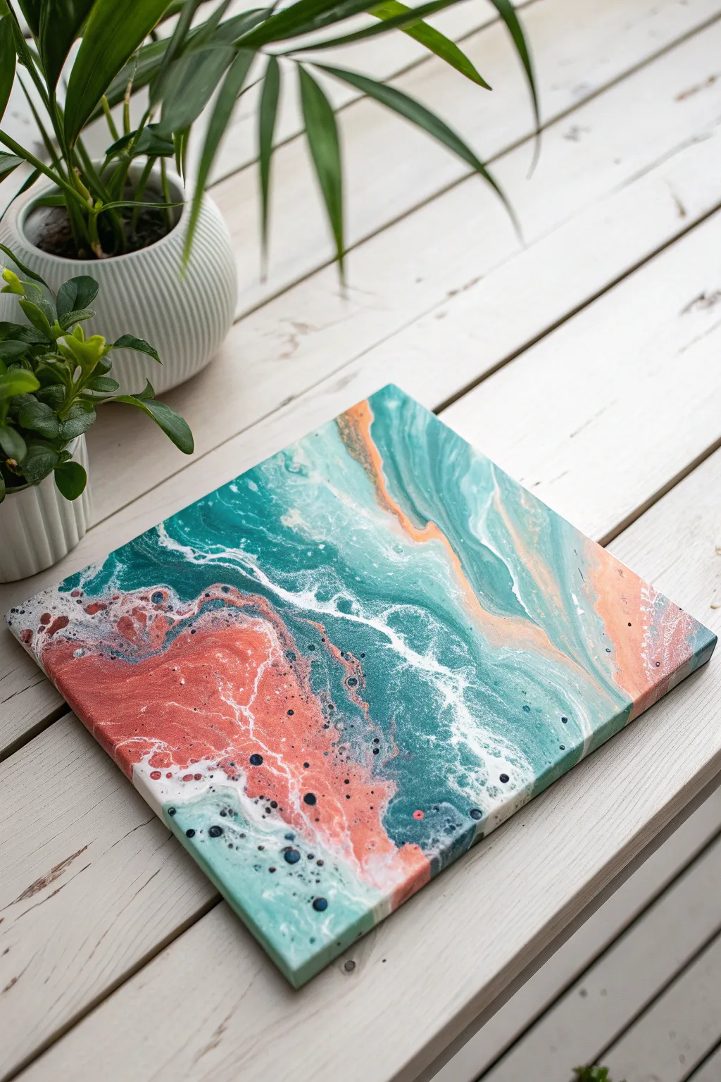 Fluid acrylic pour with a controlled swipe, glossy ribbons and soft cells in bold minimalist tones