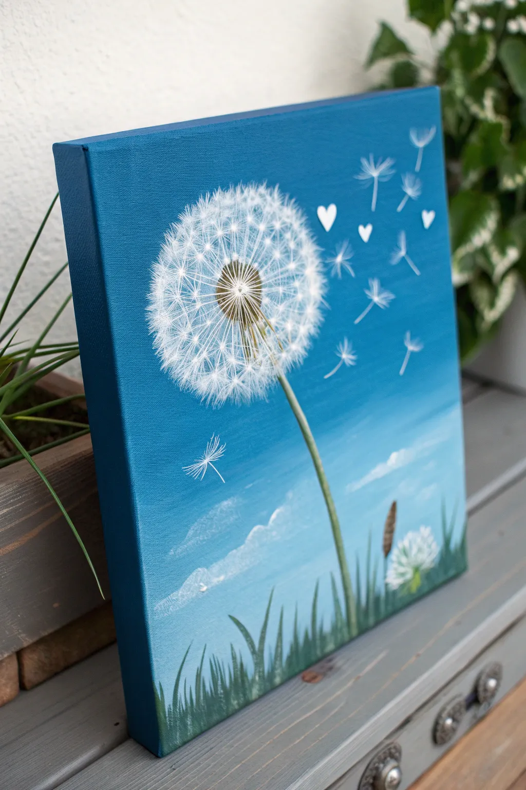 Minimal dandelion wish memorial painting with drifting seeds forming a subtle heart in a sky gradient