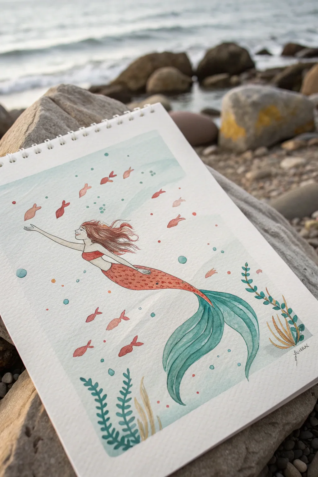 Minimalist mermaid drifting in deep teal, with tiny fish swirling in a simple, rhythmic pattern