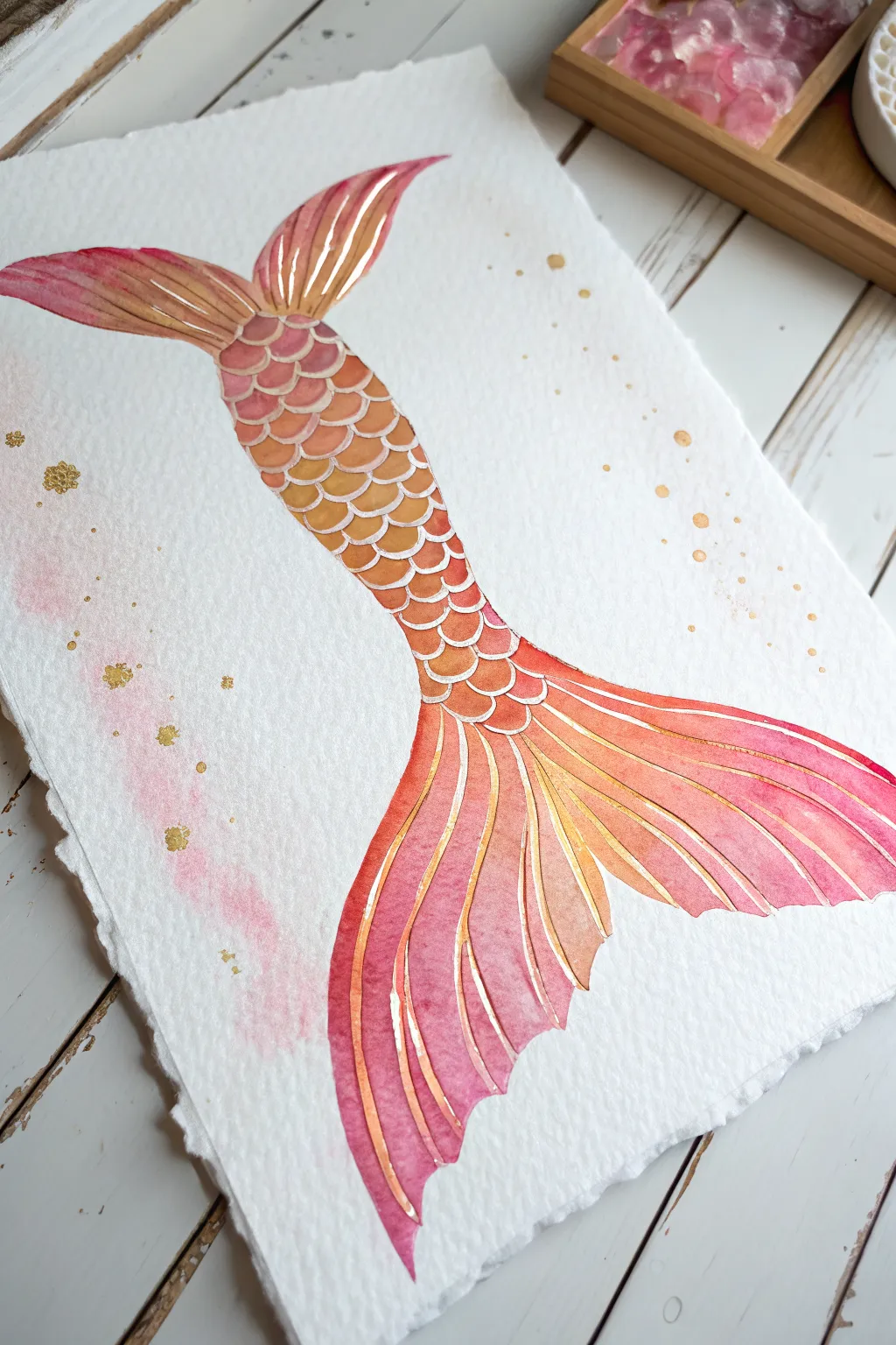 Sunset palette mermaid tail with coral and gold reflections, simple and bold for easy inspo