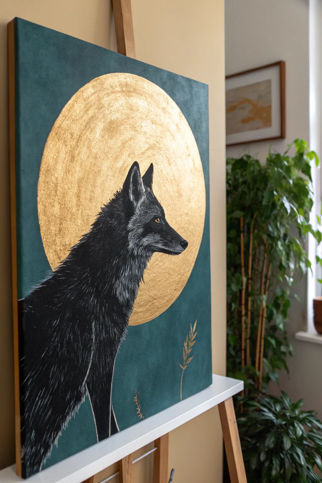 Minimalist fox portrait with a luminous metallic halo, bold contrast and handcrafted acrylic texture