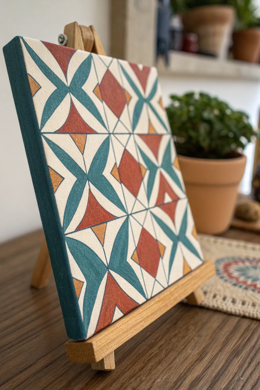 Mini canvas pattern tile with bold triangles and waves in teal and terracotta for easy DIY art