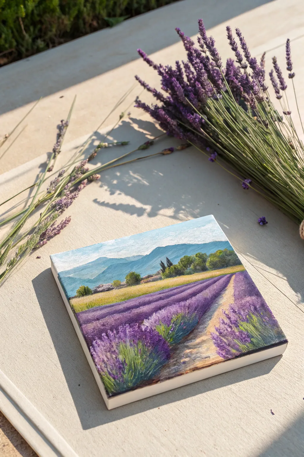 Add depth to your mini art with thick, textured strokes for a lush lavender field.