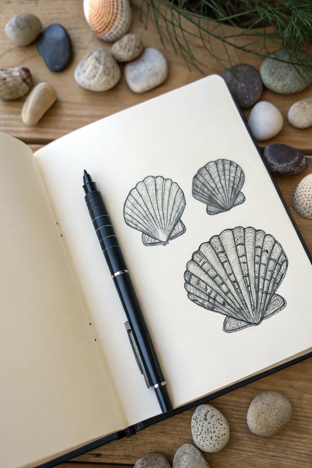 Mini shell and pebble trio: tiny hatching lines for texture in a clean, calming minimalist sketch.