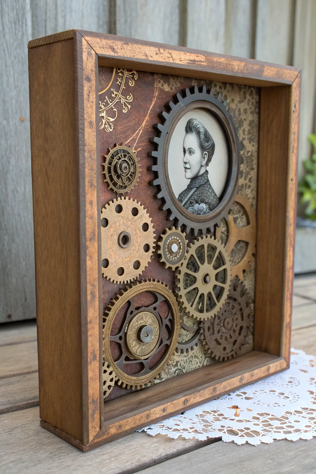 Steampunk shadow box with hidden layers, vintage papers, and bold teal accents in dramatic side light