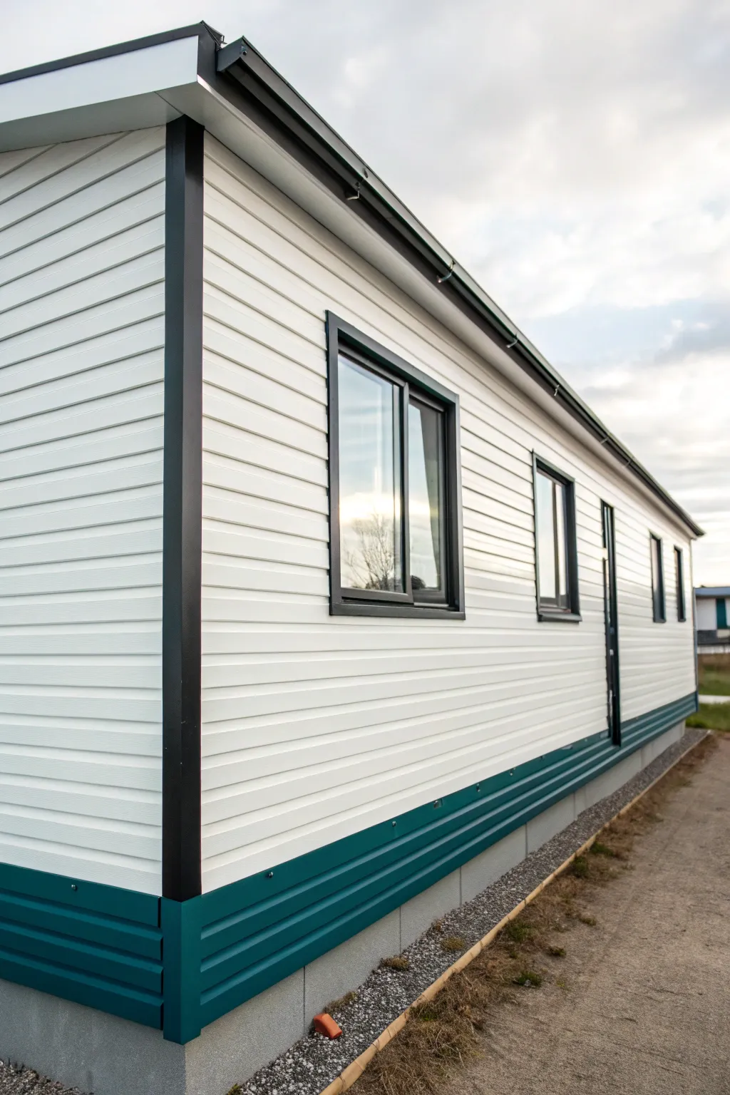 Minimal mobile home makeover: paint a bold under-window band for a sleek color-block line.