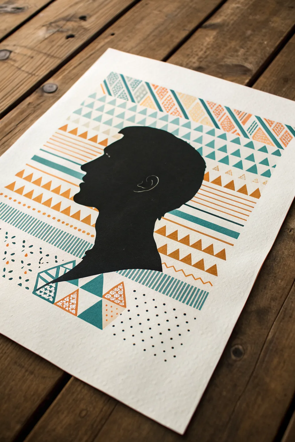 Pattern-filled silhouette portrait idea: crisp black outline, geometric stripes, and bold boho colors.