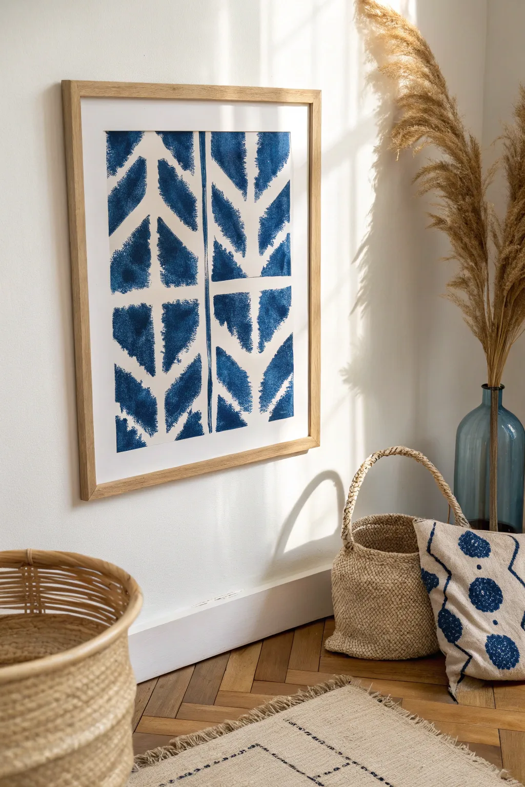 Textile-inspired indigo pattern painting with bold contrast and calm Scandinavian-boho styling