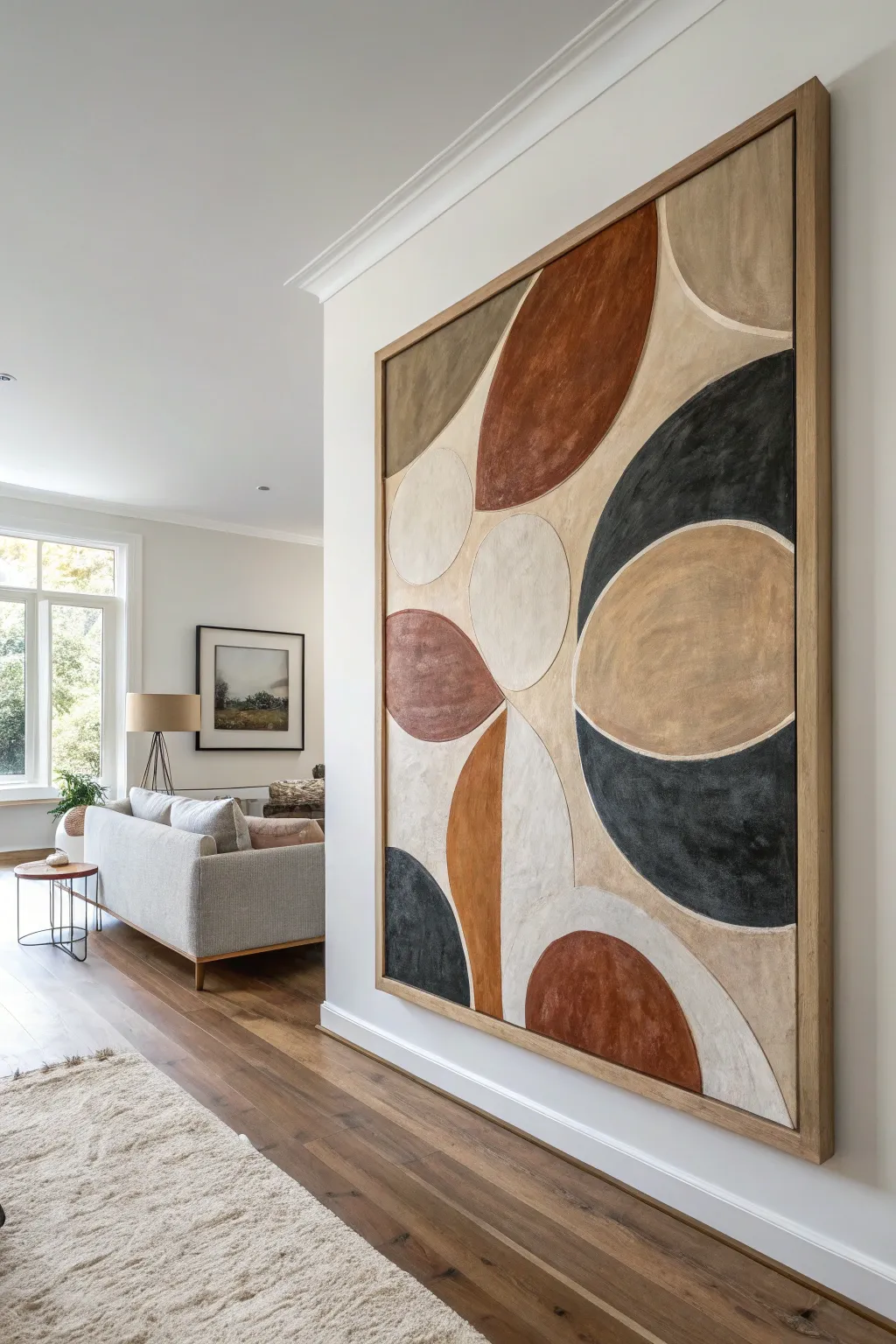 Organic neutral blob canvas in clay and charcoal tones for a calm, curated modern living room