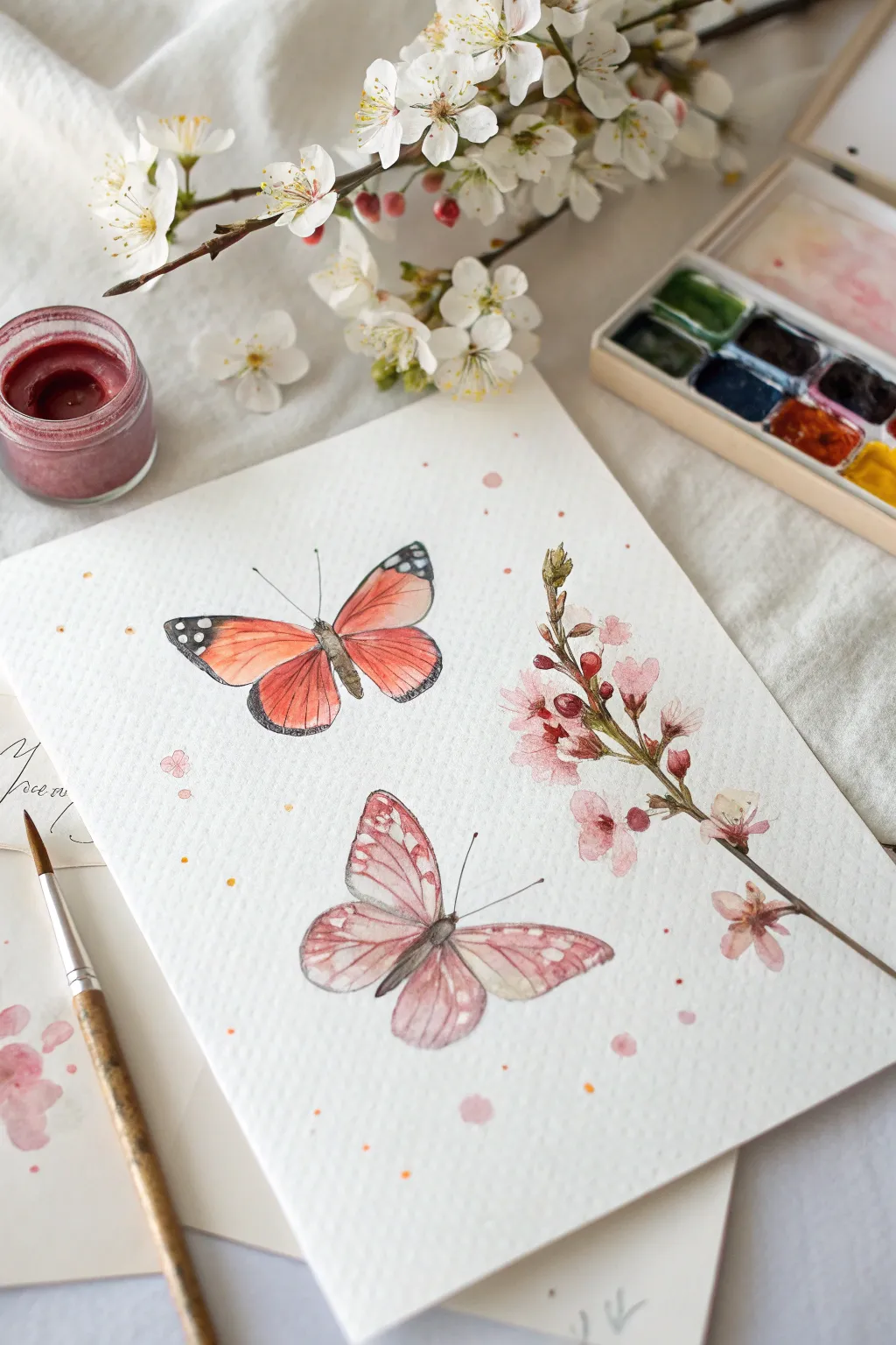 Minimal butterfly and blossom watercolor scene for Mom, airy composition with soft pastels and bold pops