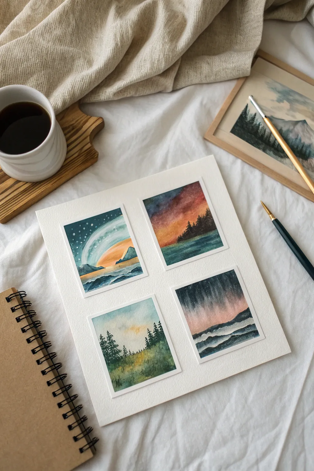 Four tiny mood scenes in one calming palette for minimalist, cozy painting inspiration.